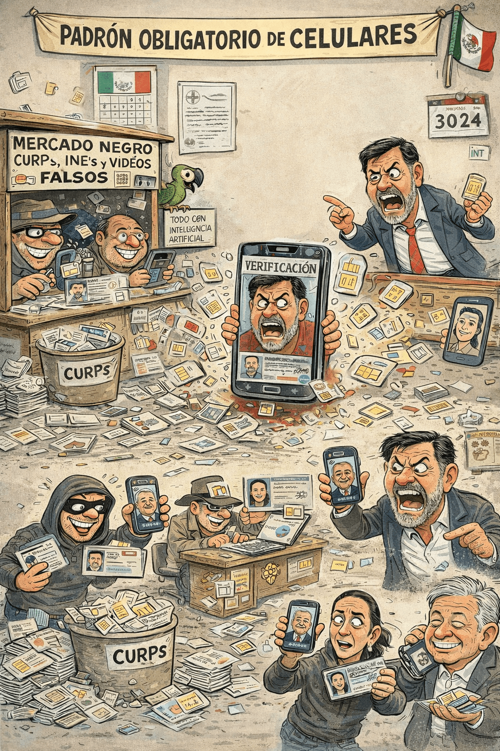 Ilustración del caos en el padrón obligatorio de celulares en México: mercado negro de CURPs e INEs, deepfakes y suplantación de identidad