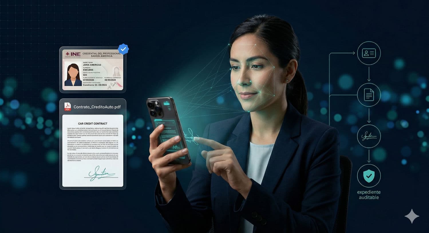 Flujo de firma electrónica: validación de INE, firma biométrica y expediente auditable