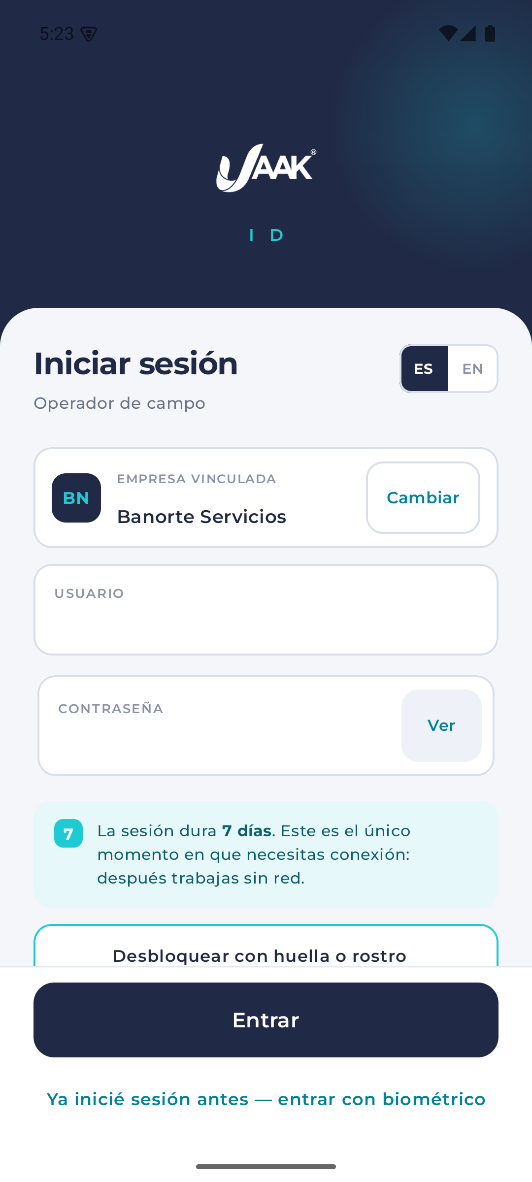 Pantalla de inicio de sesión de JAAK ID con la empresa vinculada