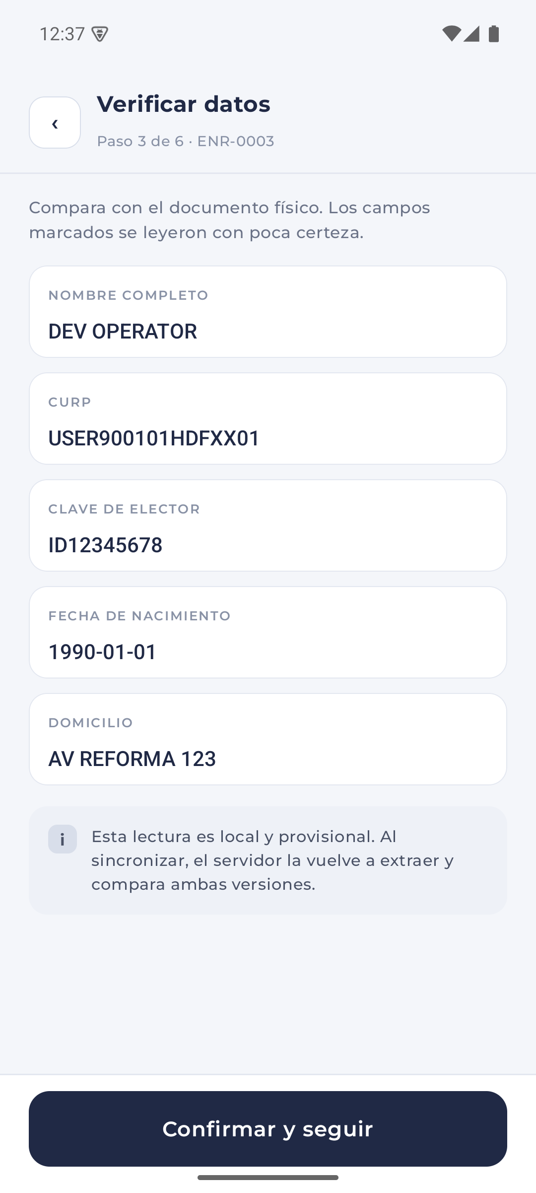 Formulario de verificación de datos extraídos por OCR local