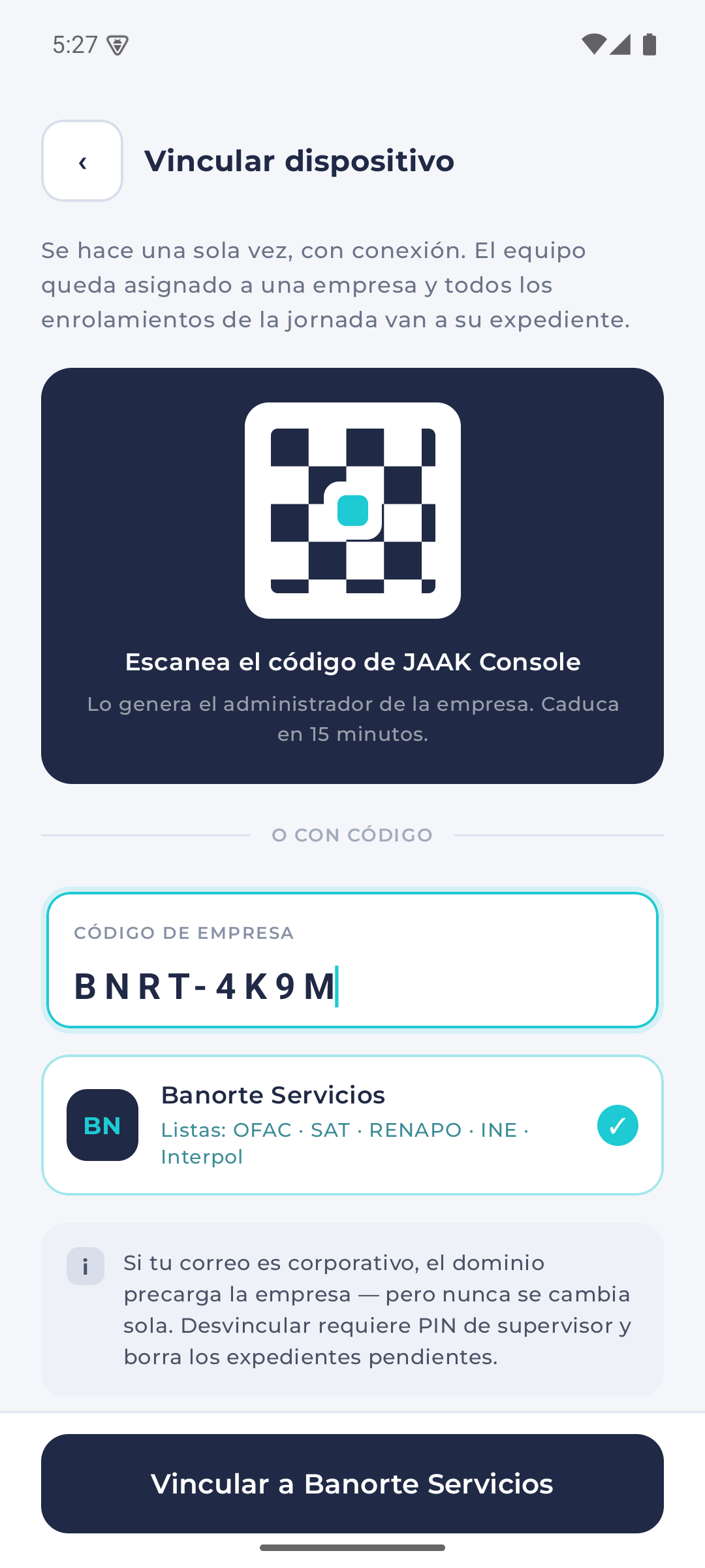 Pantalla de vinculación de dispositivo con código de empresa y empresa detectada